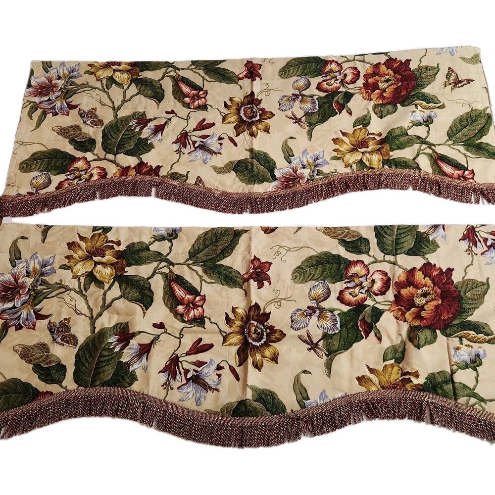 2 Vtg Waverly Laurel Springs Floral Brocade Lined Valance Butterfly Fringe 50×15